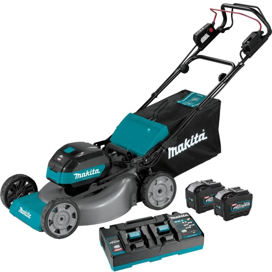Makita GML01PL XGT self-propelled mower kit with two 8.0Ah batteries and dual-port charger