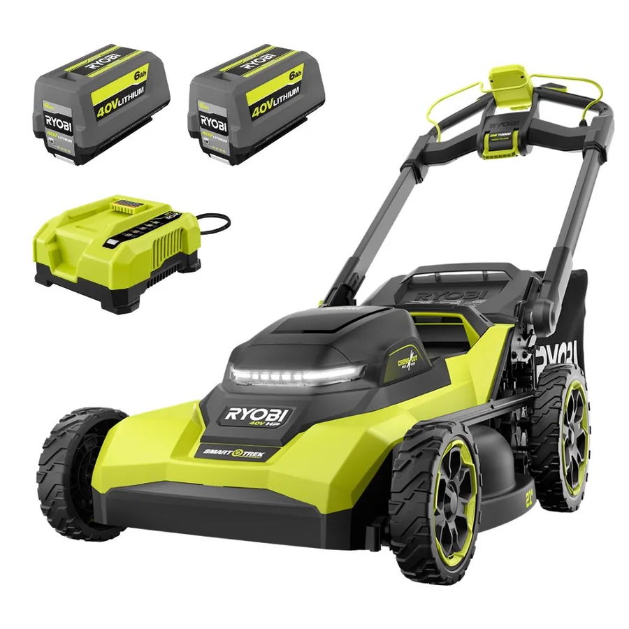RYOBI RY40HPLM02K2 self-propelled mower kit with two 40V 6Ah batteries and rapid charger